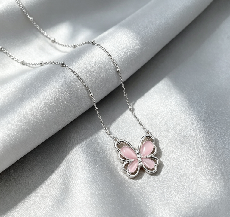 Minimalist High-end Strawberry Quartz Butterfly Pendant, Dainty Clavicle Necklace For Women