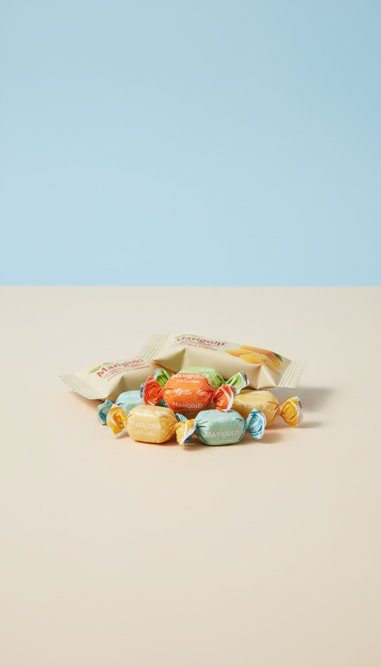 Mango chewy candies with marigold design