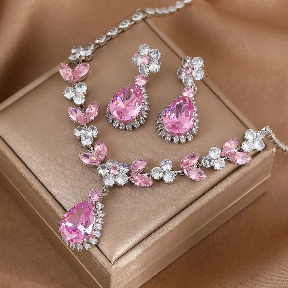 Shiny Zircon Pearl Necklace & Earrings Jewelry Set