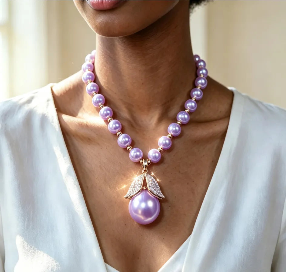 Luxury Purple Pearl Full Zircon Leaf Pendant Necklace