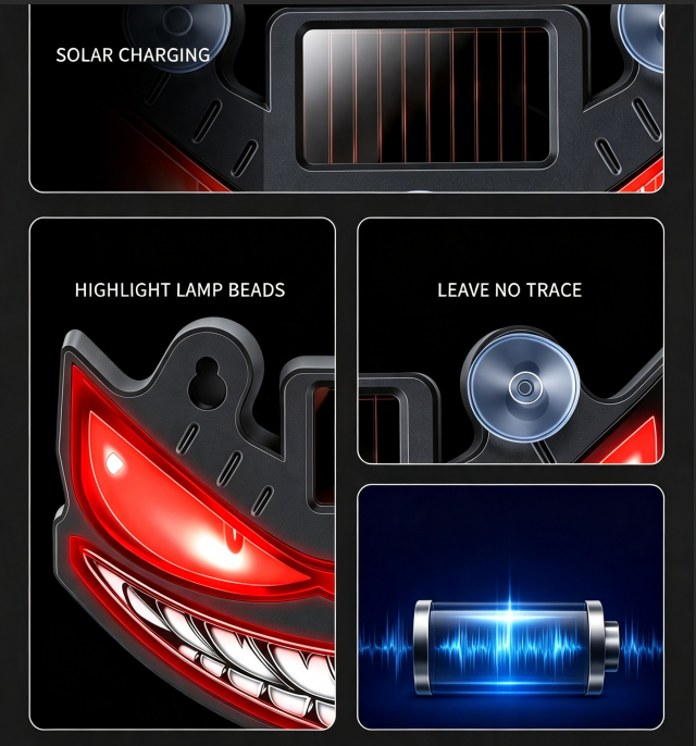 Solar Powered Dynamic Devil Face LED Warning Light, Car Exterior Decor Lamp