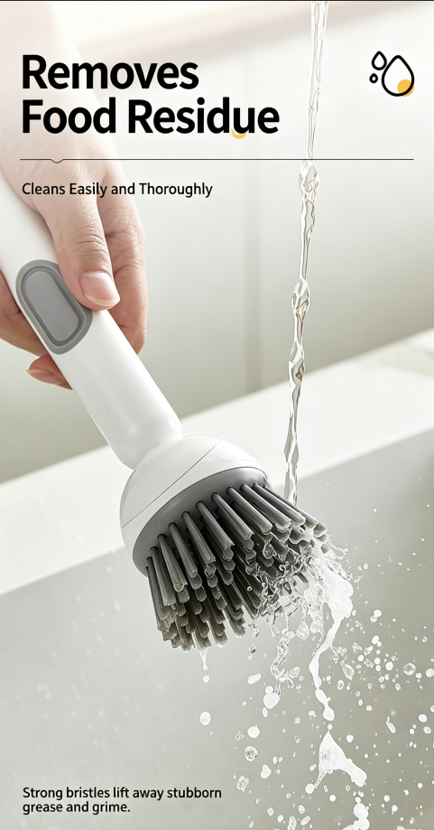 Long Handle Rotating Dish Brush with Liquid Adding Function, Multifunctional Kitchen Cleaning Brush, Oil-proof & Safe for Pots
