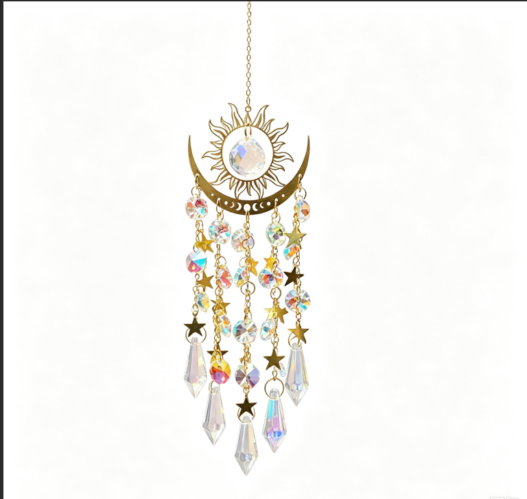 Golden Flame Moon Crystal Sun Catcher, Rainbow‑Maker Window Hanging Ornament