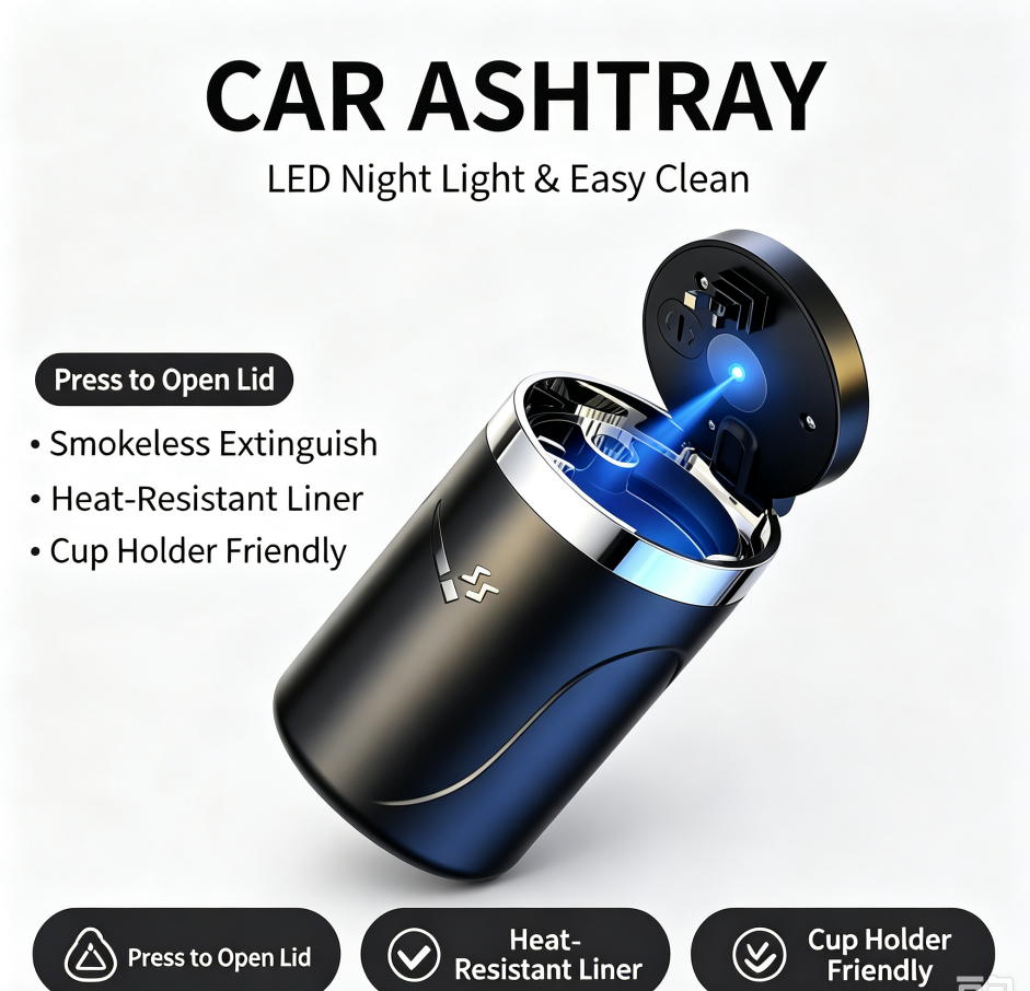 One‑Touch Open Car Ashtray, Portable Odor‑Sealing Vehicle Ash Holder with Lid