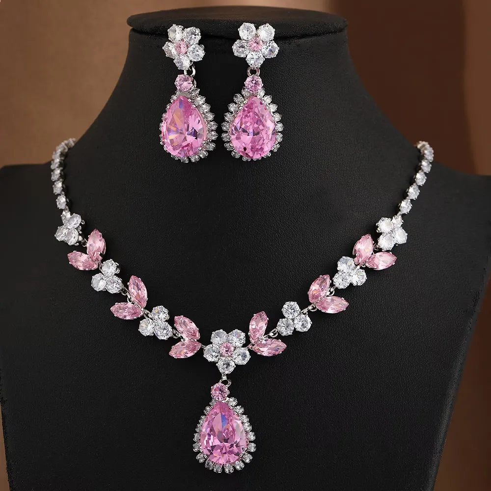 Shiny Zircon Pearl Necklace & Earrings Jewelry Set