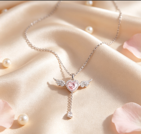 Women Angel Heart Pink Cubic Zirconia Pendant Necklace, Sweet Romantic Light‑Luxury Clavicle Chain Jewelry