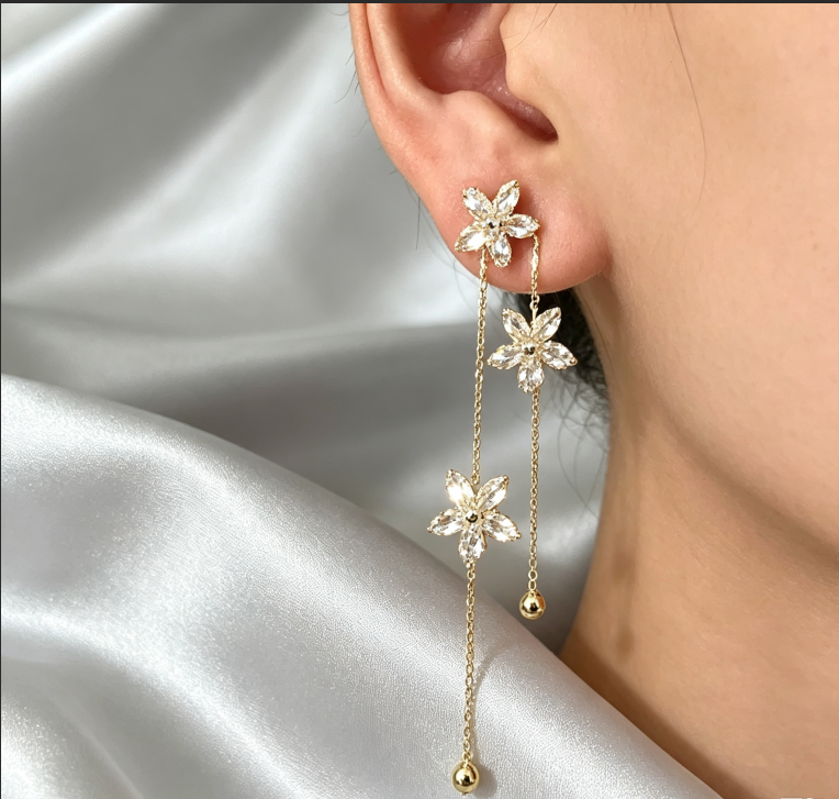 Niche High-End Silver Needle Flower Zircon Tassel Earrings, Elegant Women Floral Stud Jewelry