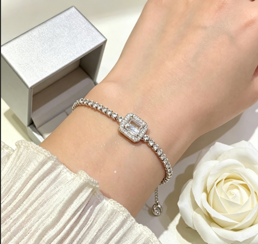 Women Zircon Rhombus Hollow Flower Bracelet, Adjustable Slider Bangle Elegant Fashion Wrist Jewelry